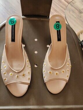 French Connection Nancy‎ Mesh Embroidered Kitten Heels in nude